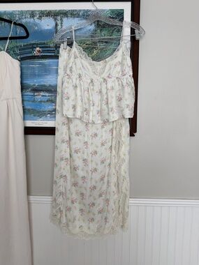 Floral Lace Trim Slip skirt and top. White with Pink & Green Floral Print